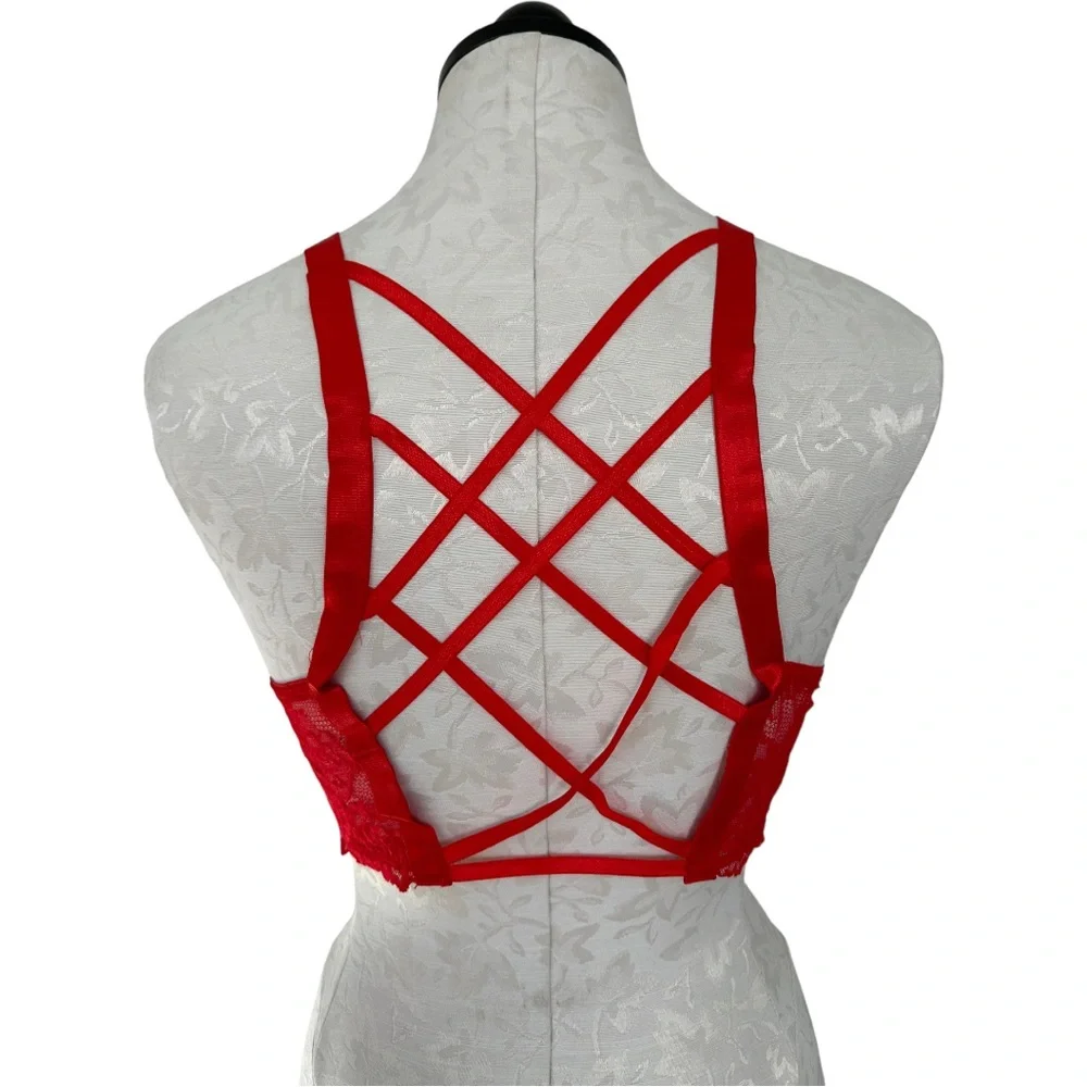 Yandy Red Lacy Longline Lattice Strappy Latice Back Bralette Size 1x/2x